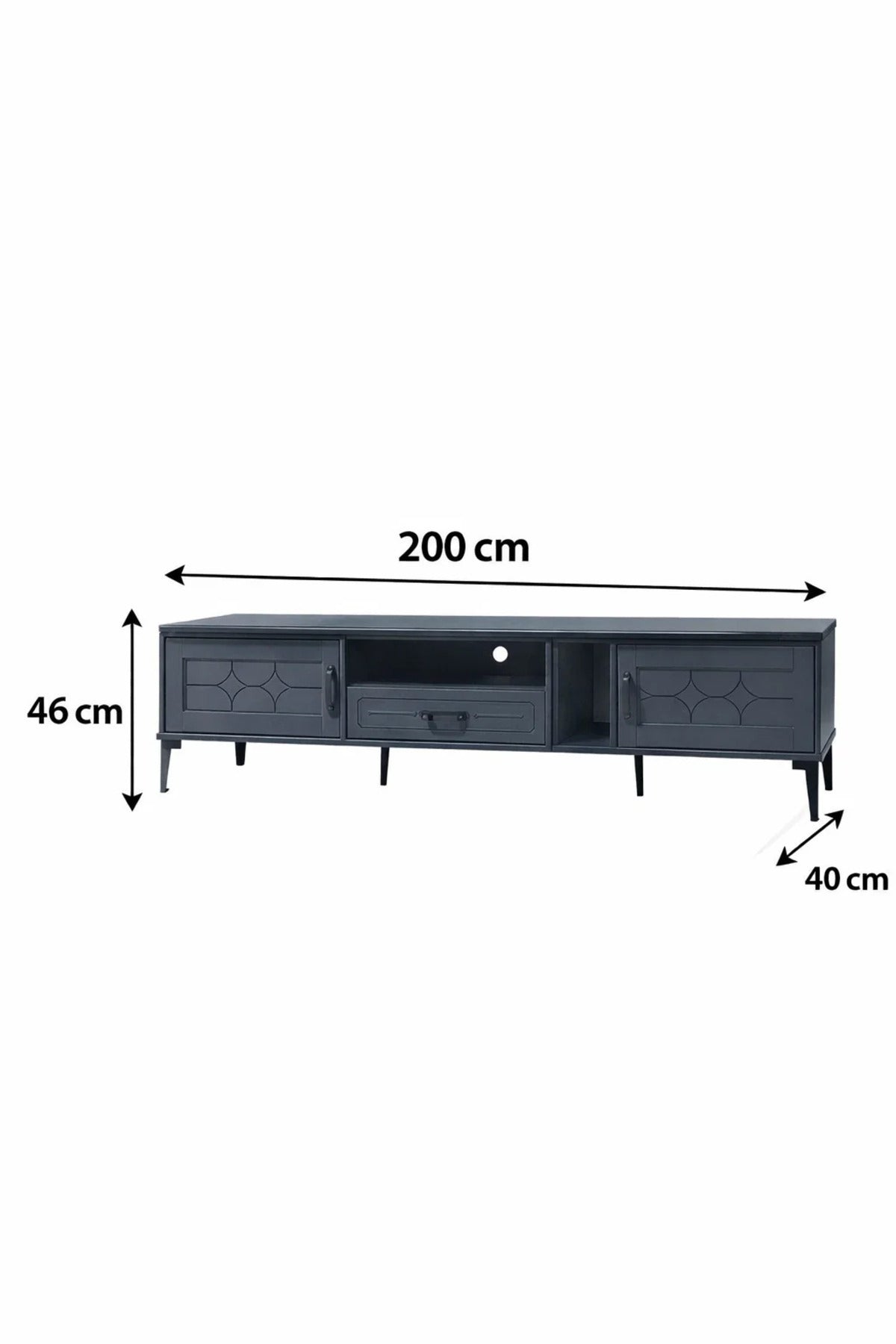 Dark Grey TV Unit 200cm Wide Modern Media Cabinet with Geometric Doors and Storage for Living Room