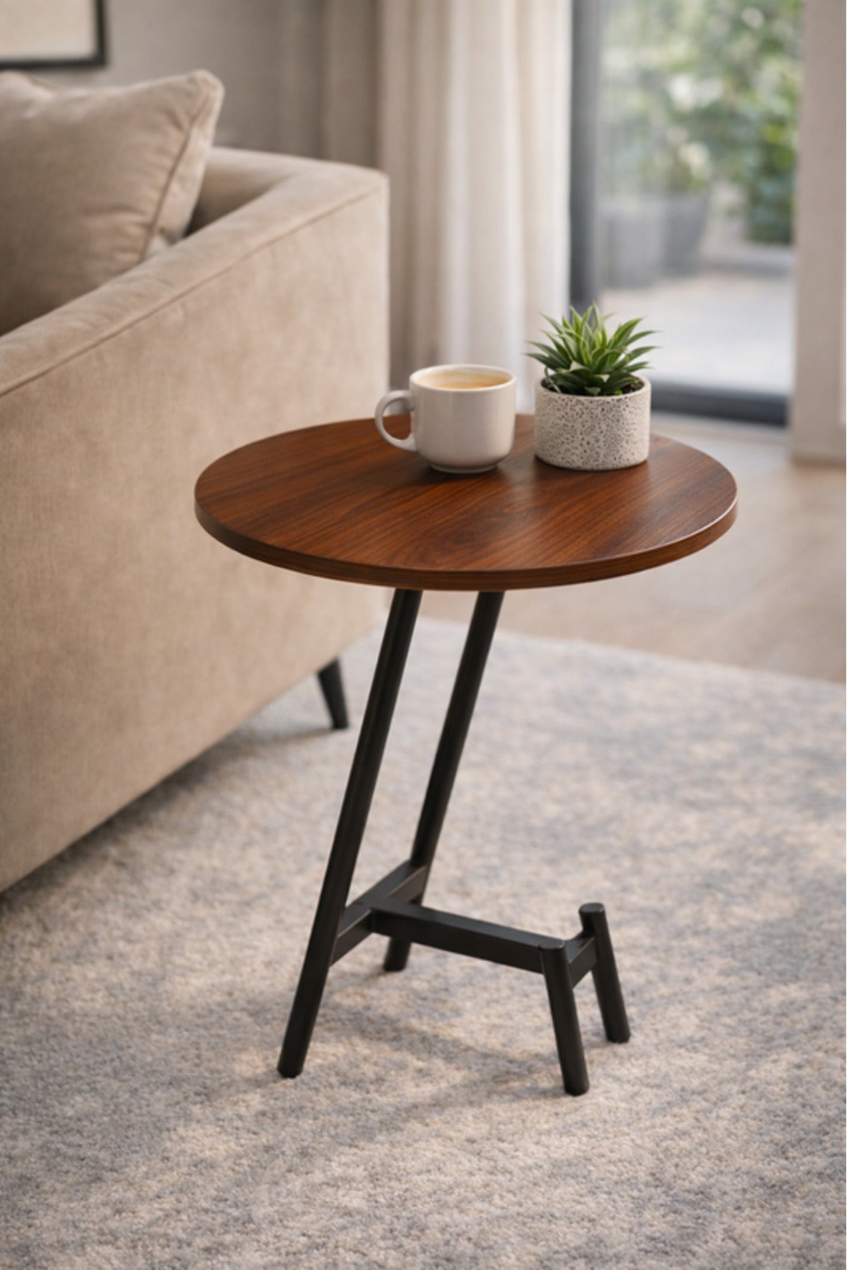 Stylish Brown Wood Side Table with Black Metal Base, 45x45x60 CM stylish brown wood