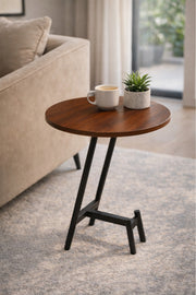 Stylish Brown Wood Side Table with Black Metal Base, 45x45x60 CM stylish brown wood