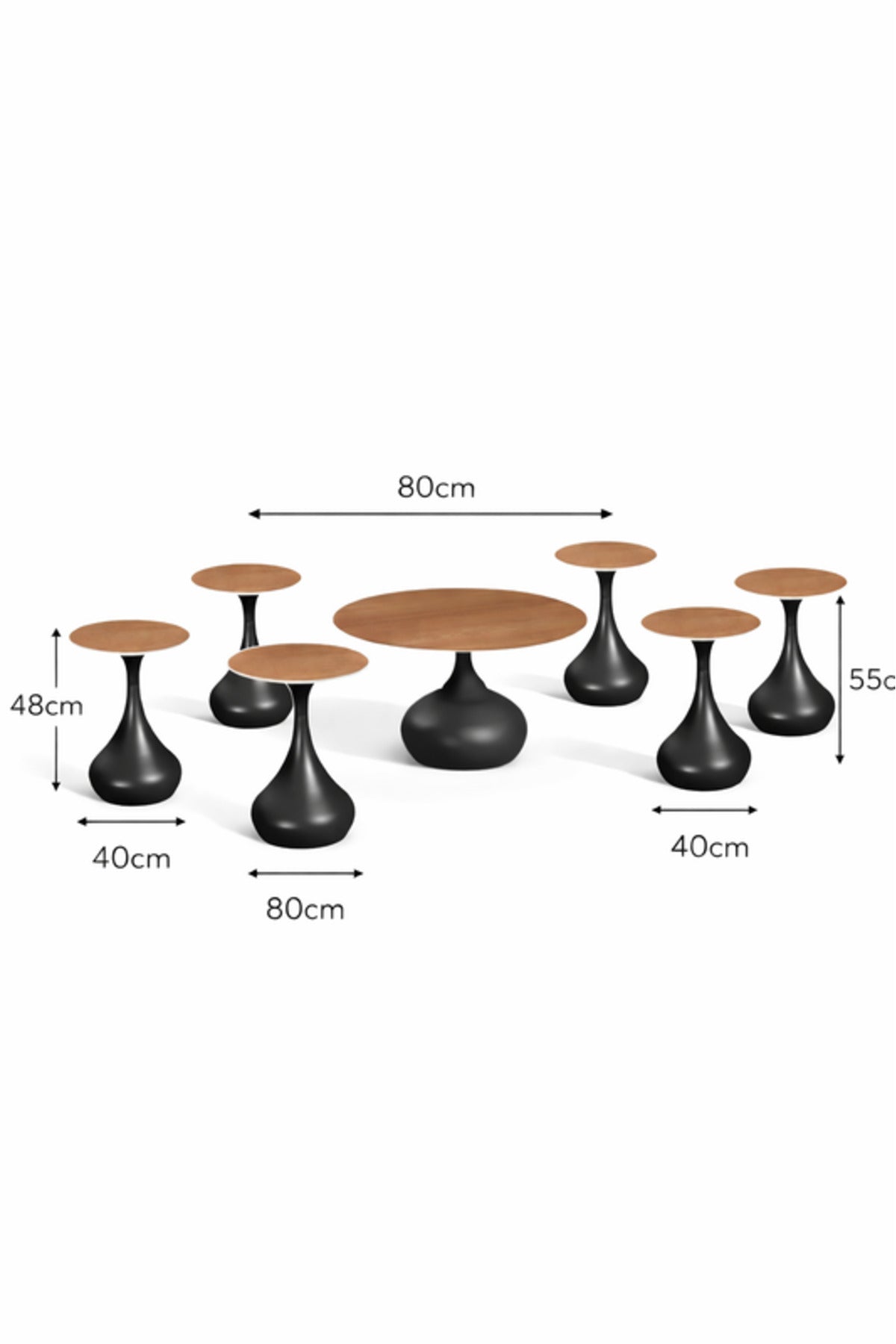 Round Light Brown Coffee Table Set with 6 Side Tables 80 _ 80 _ 48 cm