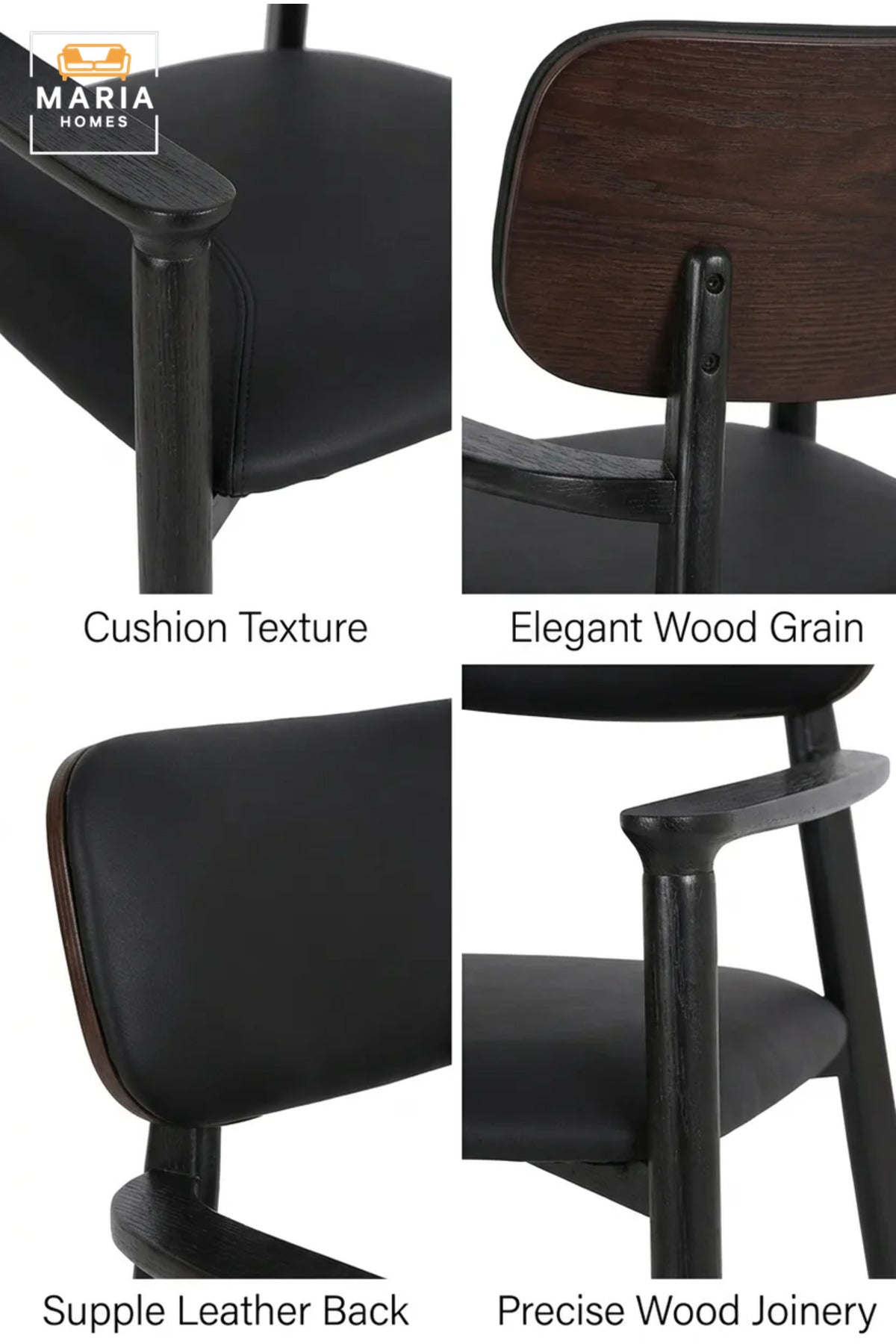 Modern Black Dining Chair with Armrests, Cushioned Backrest and Upholstered Seat for Dining Room, Kitchen, Restaurant, Café and Office