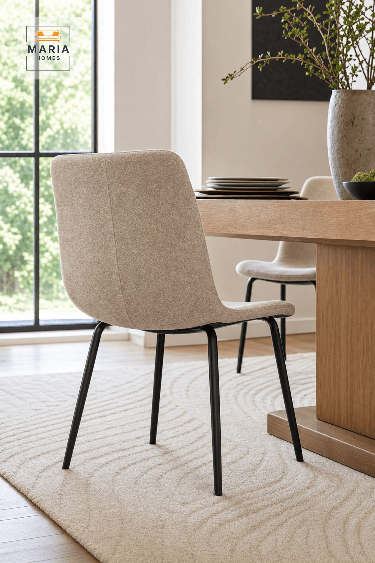 Beige Upholstered Dining Chair with Black Metal Legs, Modern Minimalist Seat