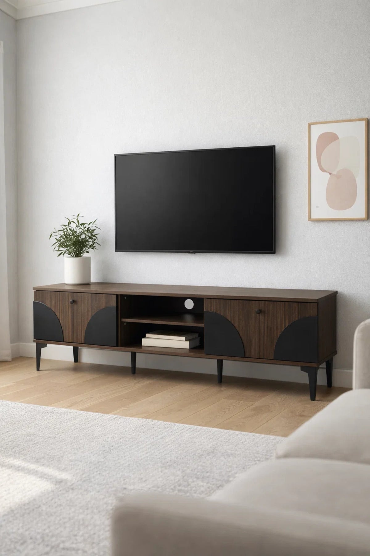 Brown & Black TV Stand Ð 160x40x45 cm Modern Plasma Table with Cabinets & Shelves