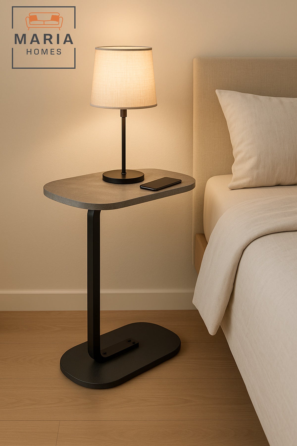 A versatile side table, adjustable 360 __degrees, suitable for sofas and small spaces.
