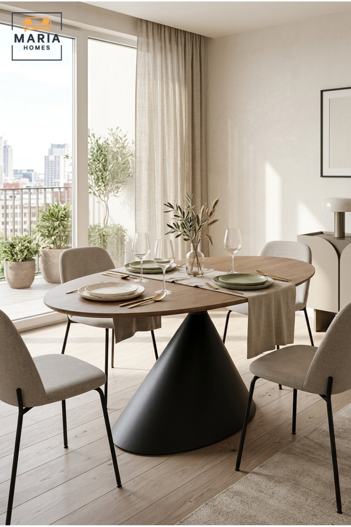 Large Oval Dining Table with Wooden Top and Sculptural Cone Pedestal Base, Modern Table for Dining Room, Kitchen, Café, Restaurant and Meeting Area