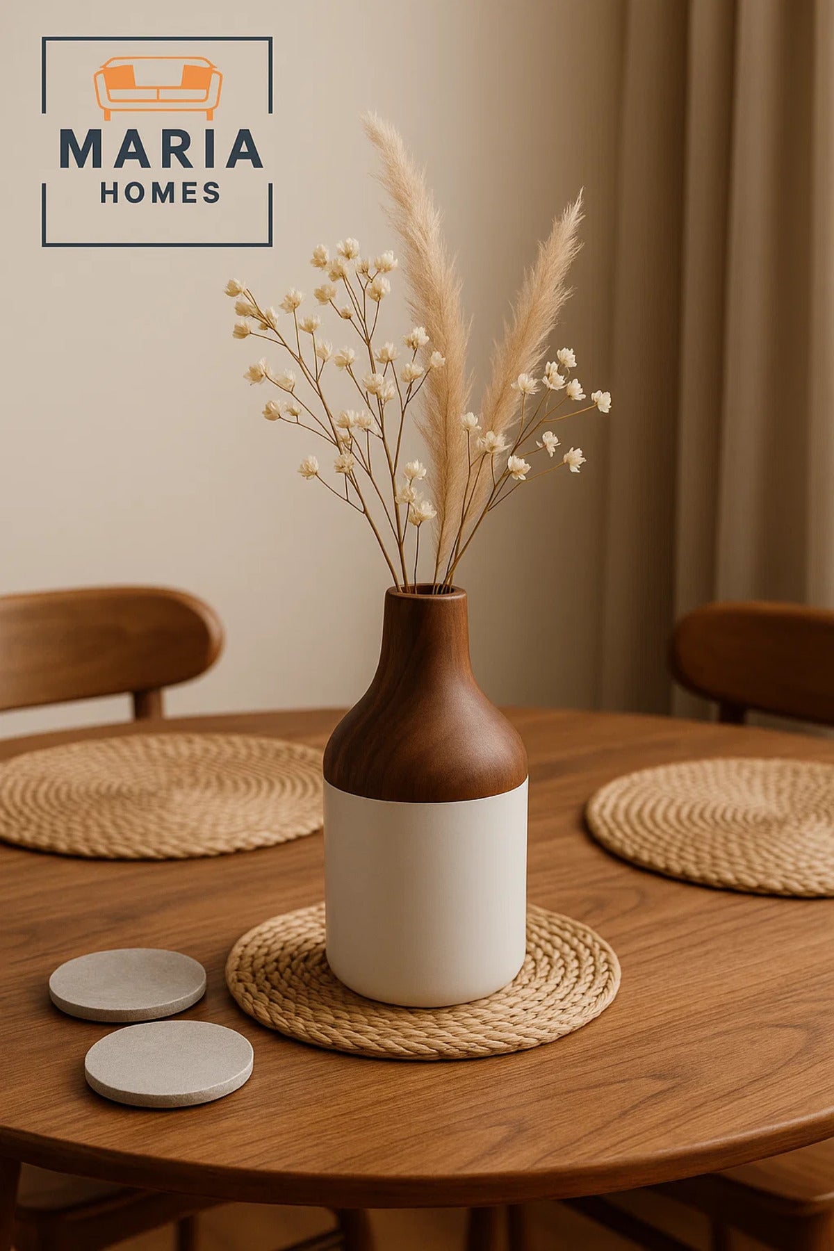Two-Tone Ceramic Vase with Wood-Effect Neck and Glossy White Base Ð Bottle Shape