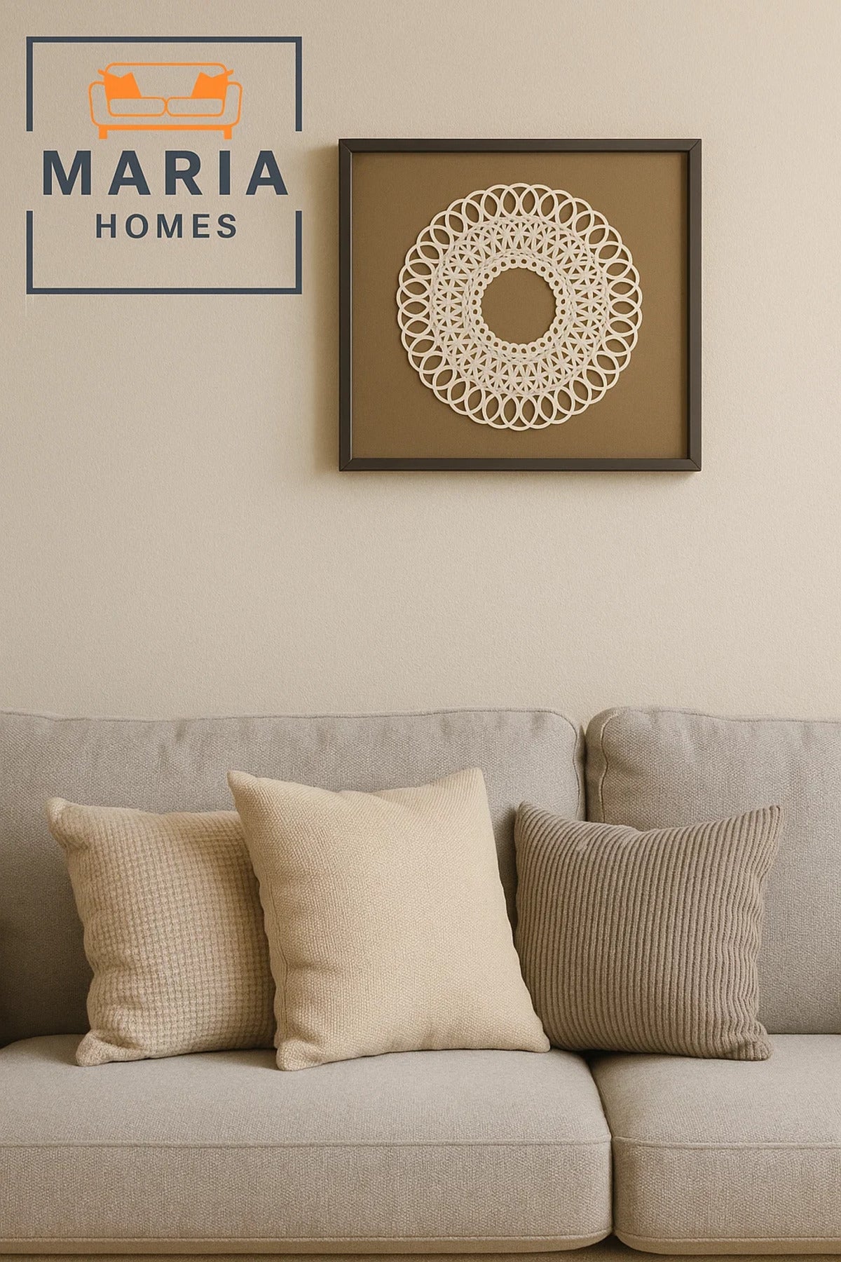 Framed Mandala Wall Art with White Lace Pattern on Brown Canvas-size 90*90*3 CM