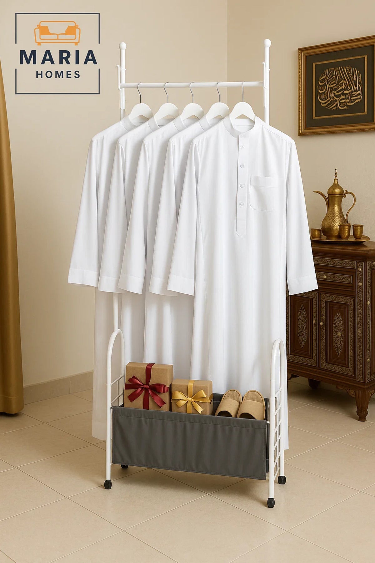Modern White Metal Garment Rack with Fabric Storage Bin