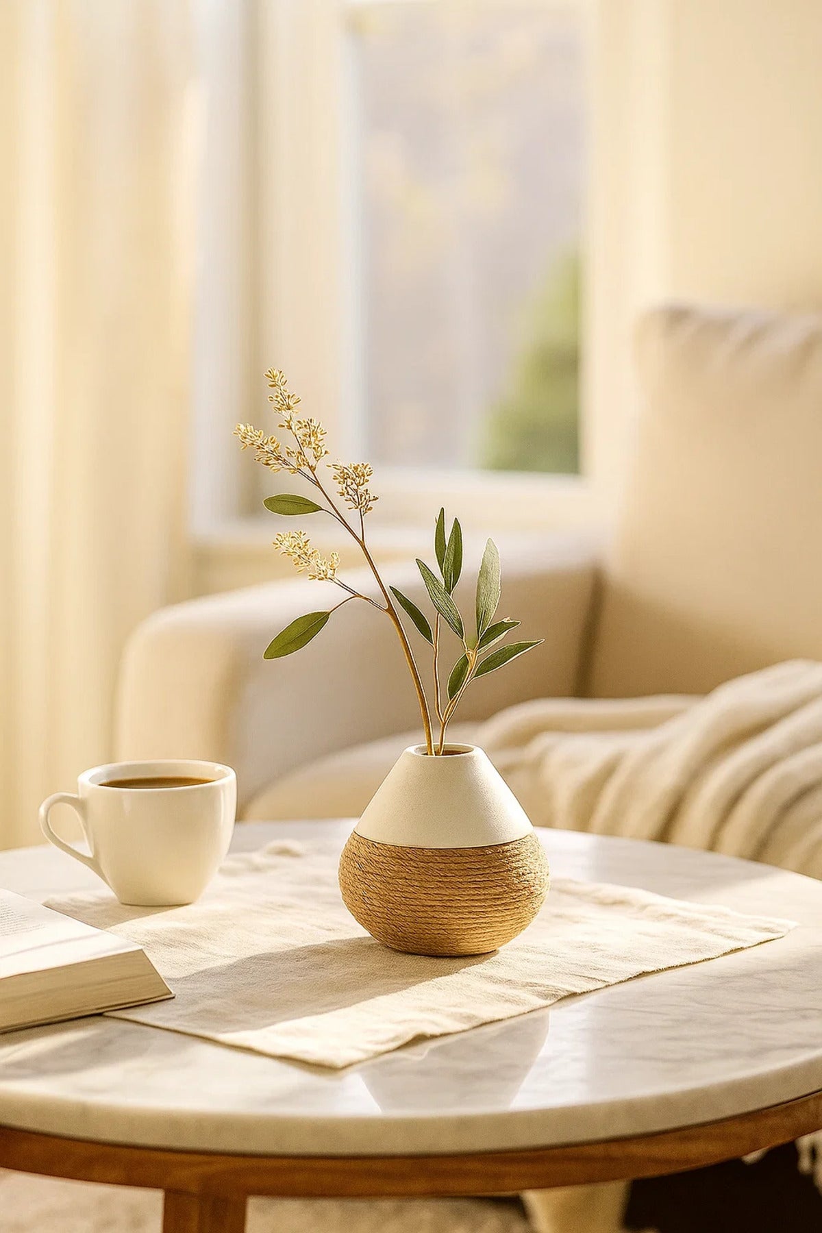 White Ceramic Rope Design Vase Ð Modern Decorative Flower Pot for Home and Office DŽcor