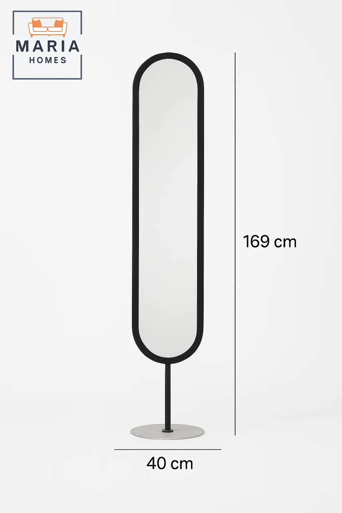 Modern Black Oval Standing Mirror Ð Full-Length Floor Mirror with Metal Frame, 169x40 cm