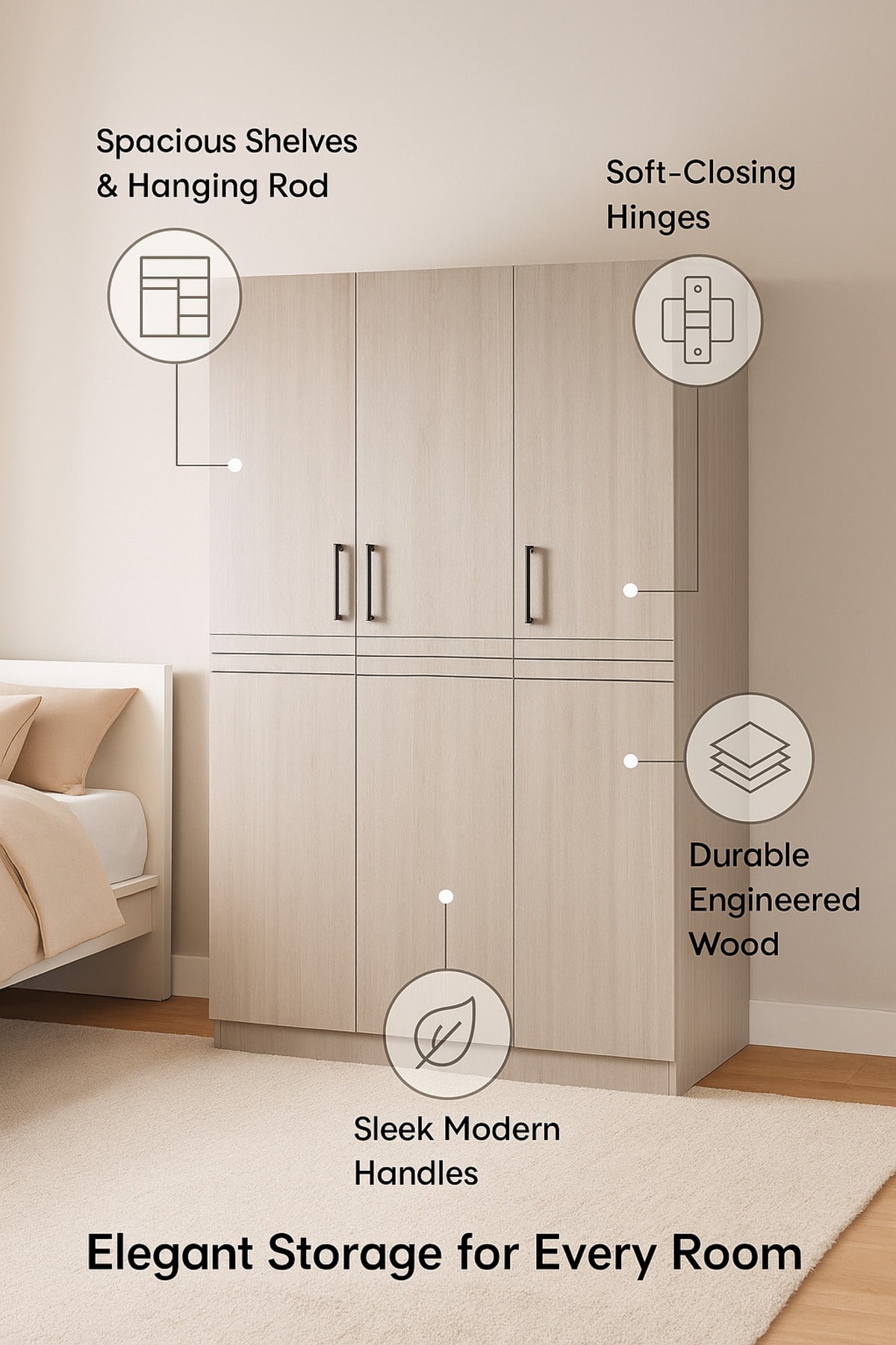 3-Door Wardrobe with Shelves Ð 120_54_200 cm Modern Light Gray Wooden Storage Cabinet