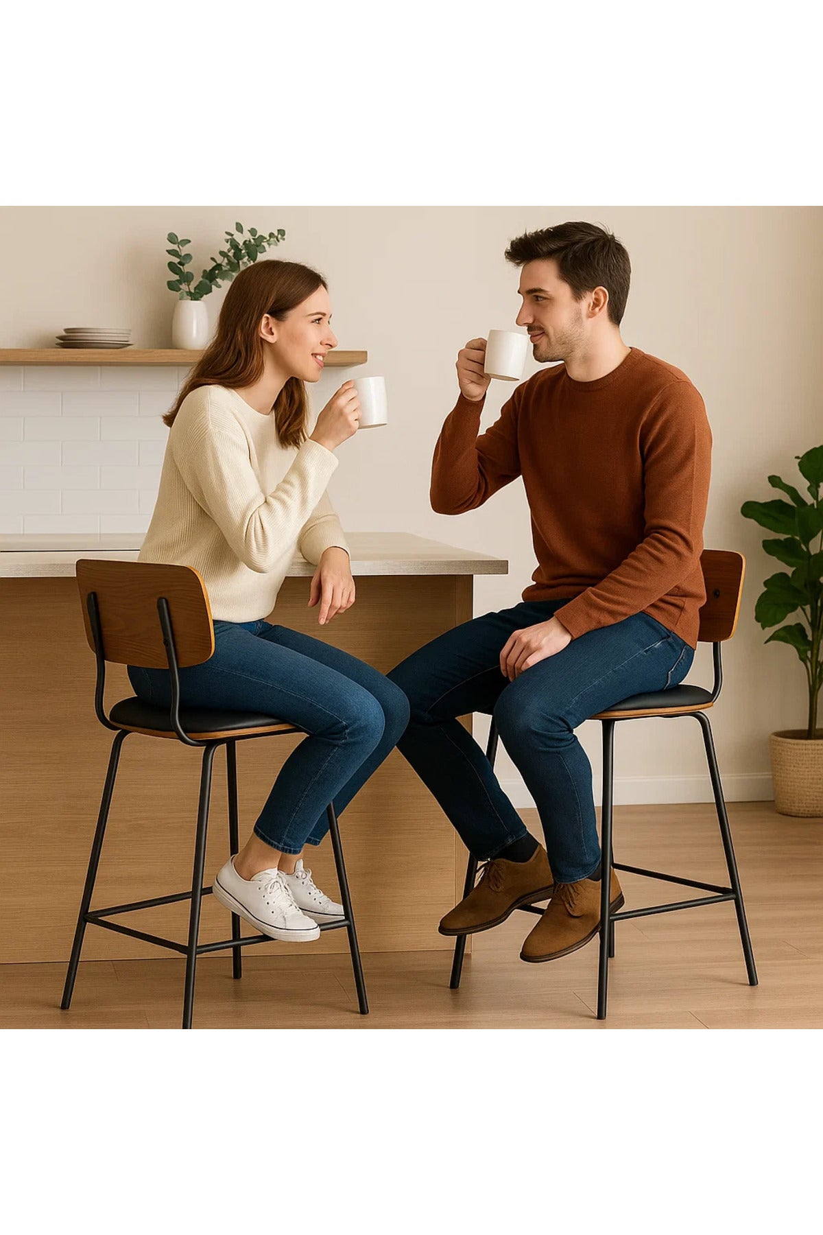 Mid-Century Modern Bar Stool with Wooden Backrest and Black Metal Legs Ð Stylish Seating Solution