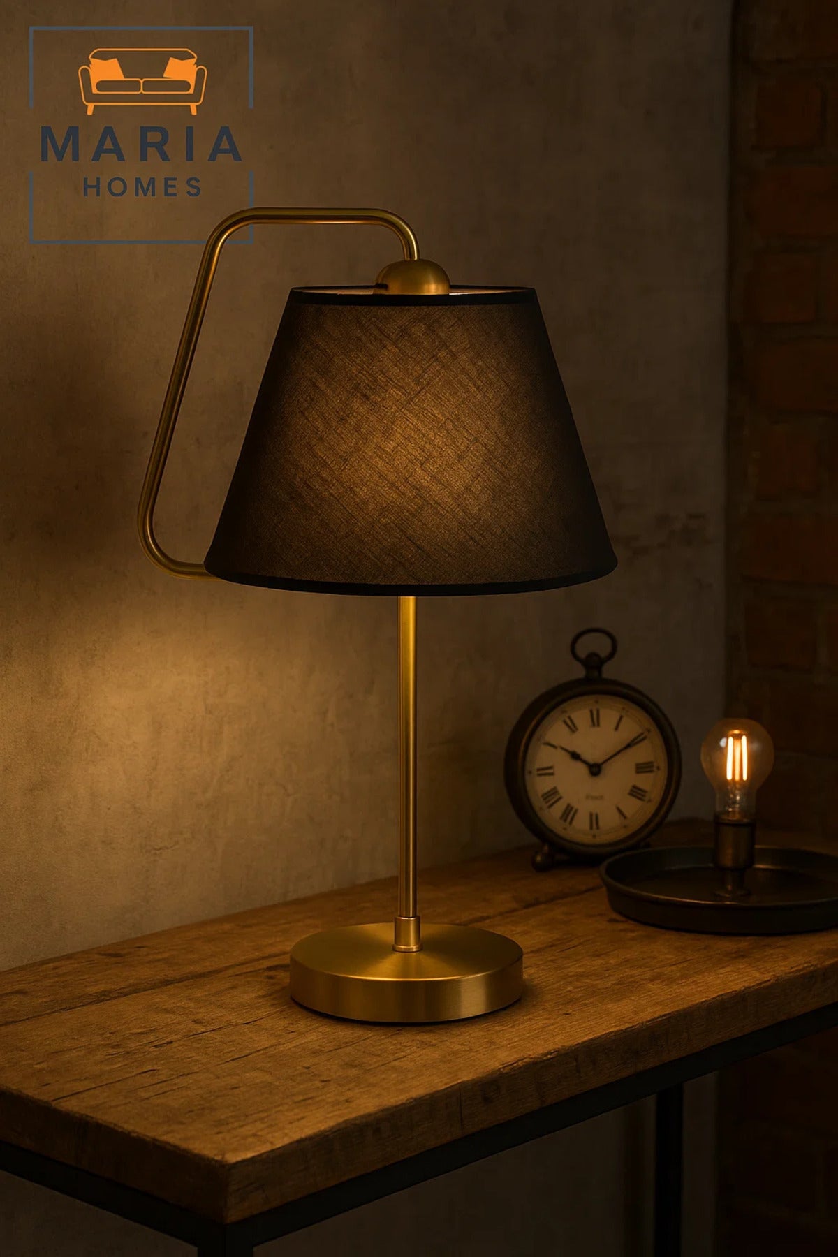 Gold Table Lamp with Black Tapered Shade
