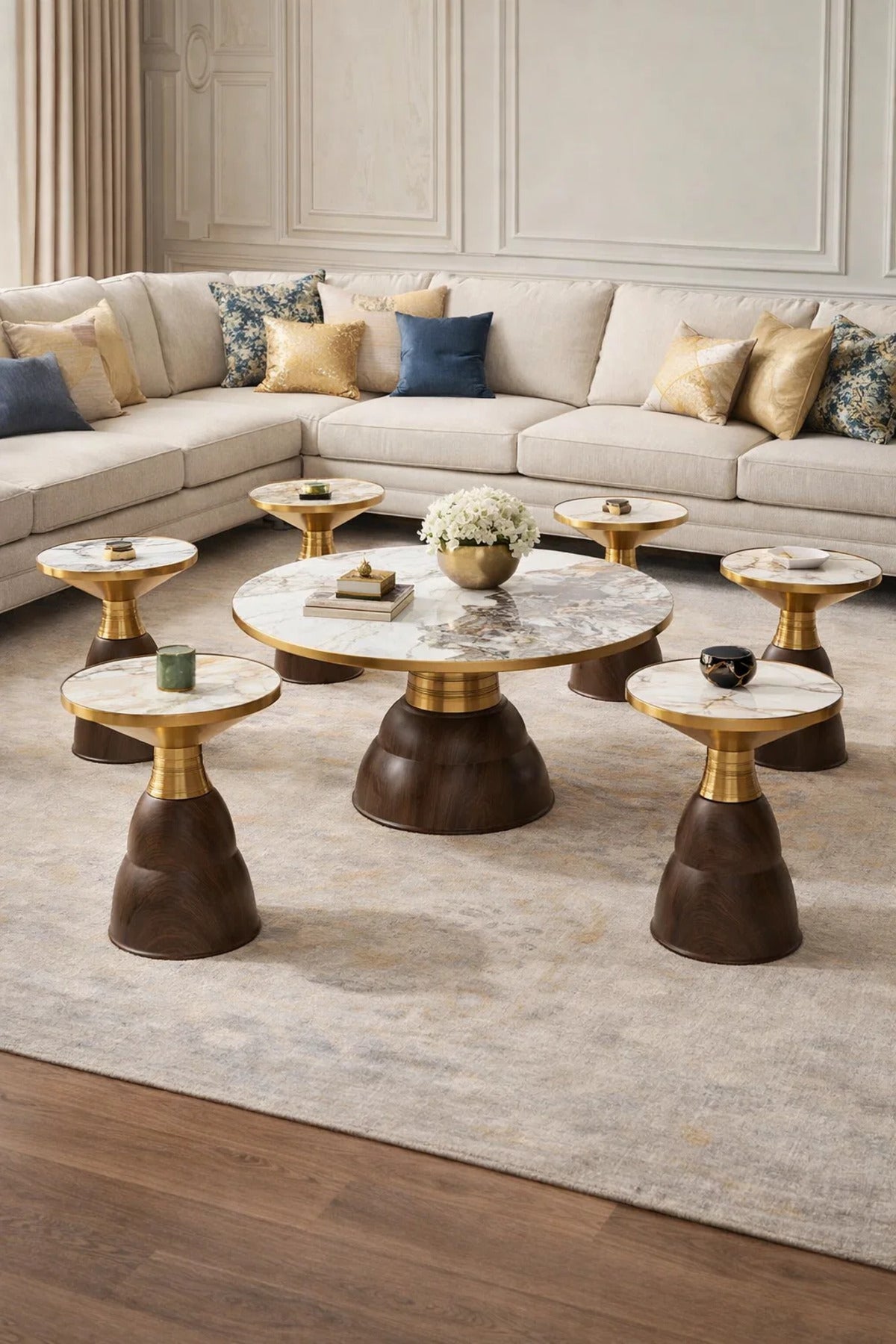 Modern 1+6 Center Table Set Marble Pattern Top Gold Detail Dark Wood Base for Elegant Salons