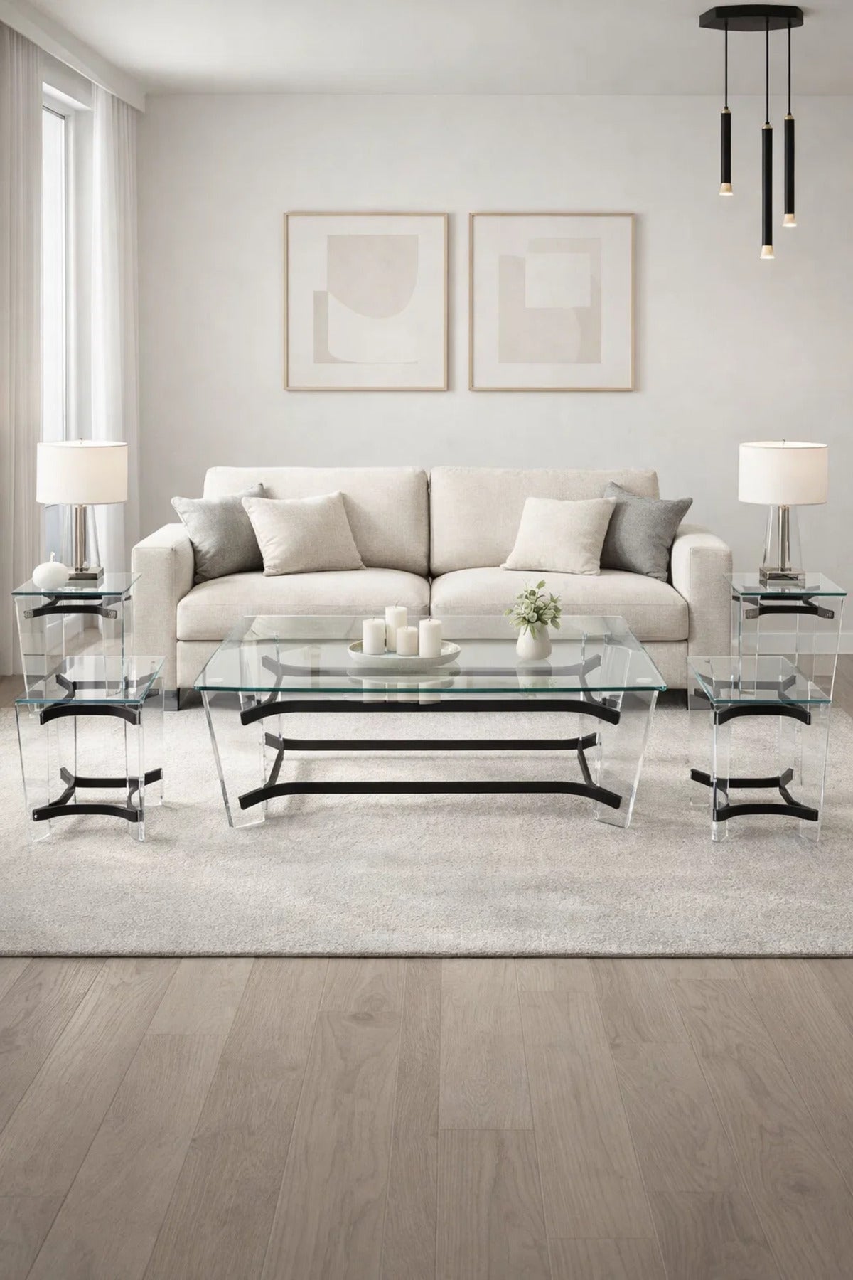 Modern 5-Piece Glass Coffee Table Set with Black Acrylic Base √ê Contemporary Living Room Set