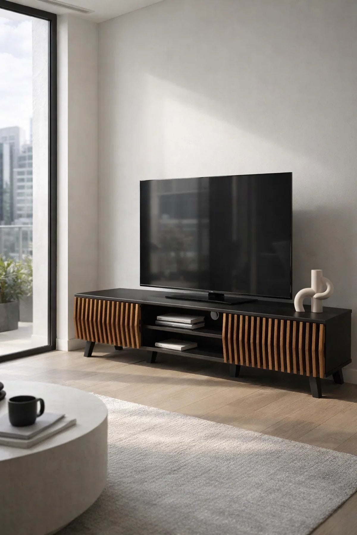Modern Wooden TV Stand Black and Dark Brown with Slatted Design 160 x 40 x 43 cm