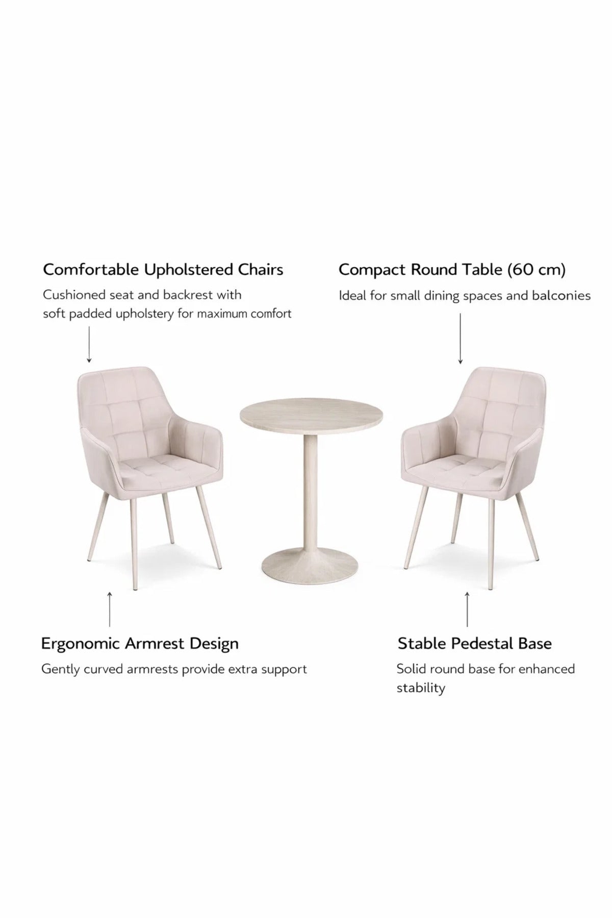 Stylish Beige Conversation Set 2 Soft Armchairs and Round Table for Balcony Cafe Office Nook