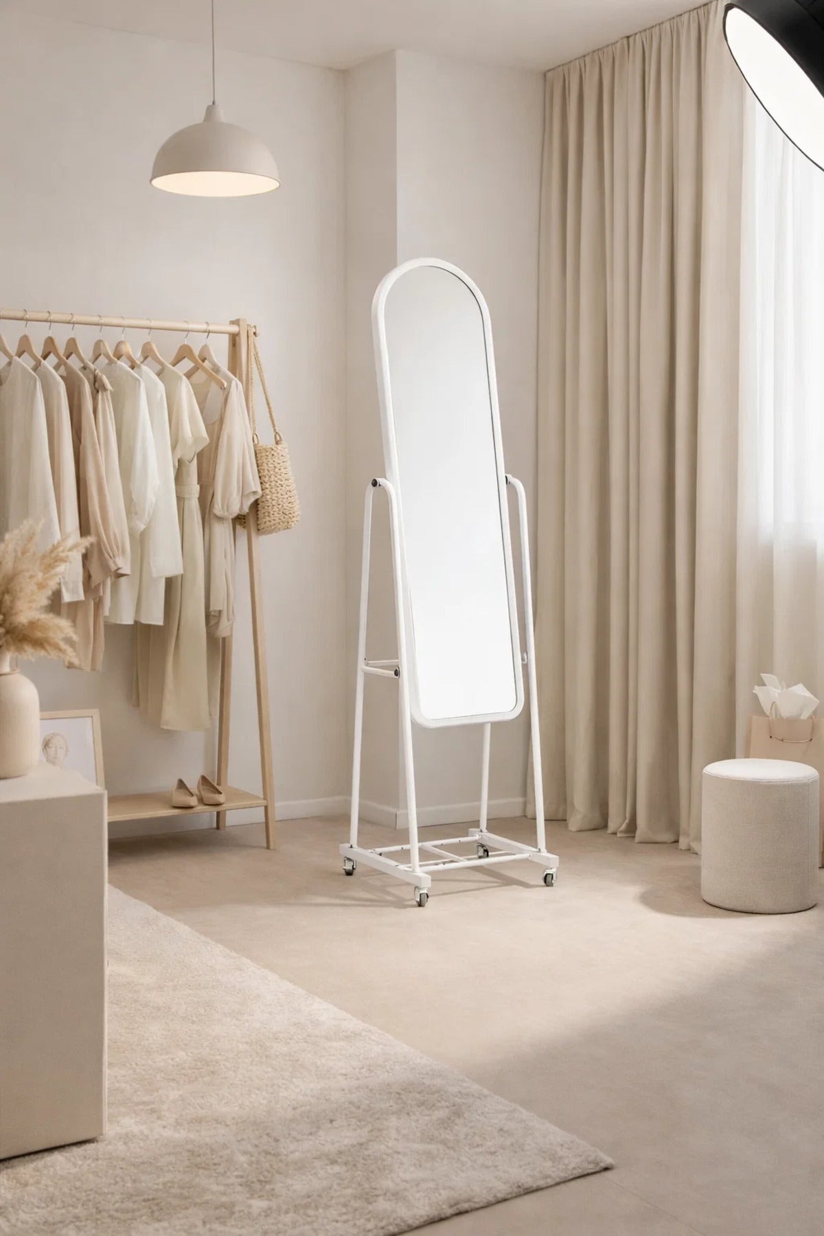 White Full Length Standing Mirror with Wheels and Shelf Adjustable Angle Arched Metal Frame Decor