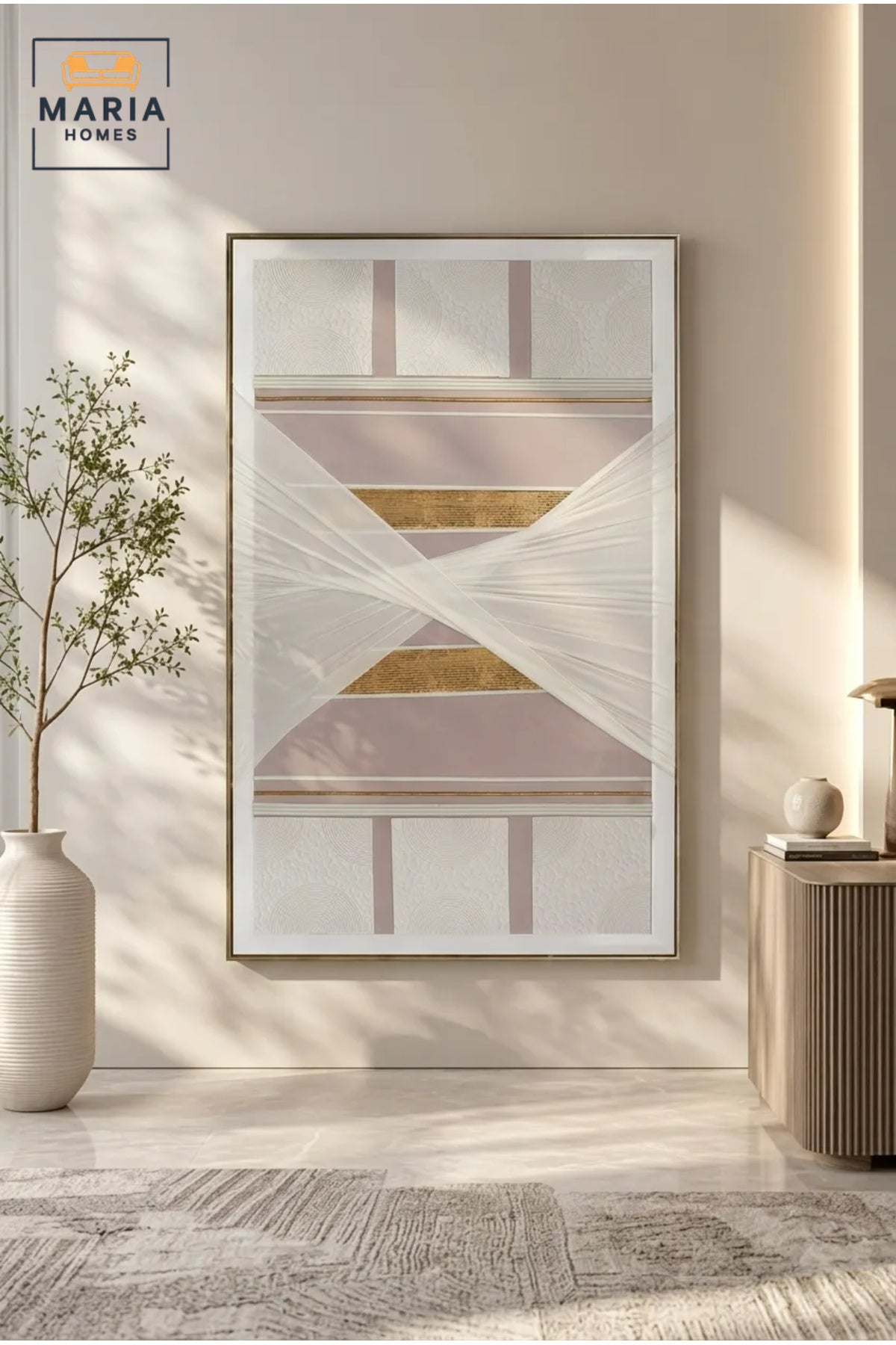 Luxury Geometric Textile Wall Art Ð Abstract Gold & Blush Pink Framed Artwork for Modern Living Room, Bedroom & Office DŽcor