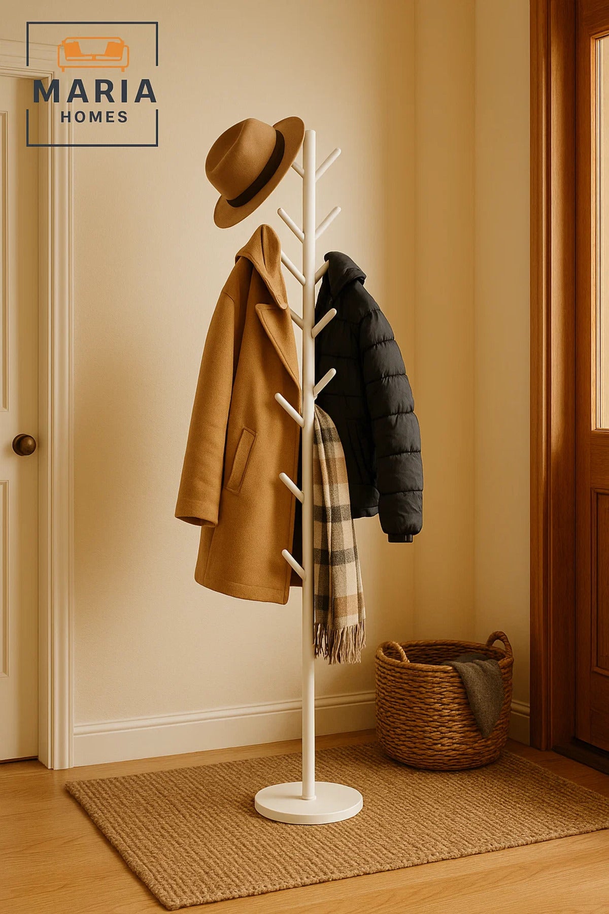 Minimalist White Metal Coat Rack Stand with Hooks and Concrete Base