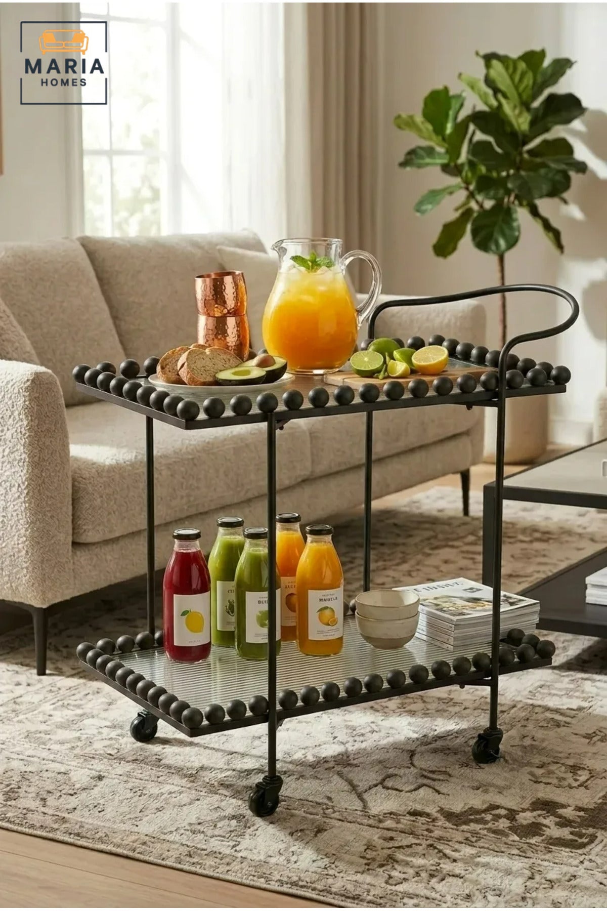 Modern 2-Tier Glass Serving Trolley – Black Rolling Bar Cart with Metal Frame and Decorative Bead Accents