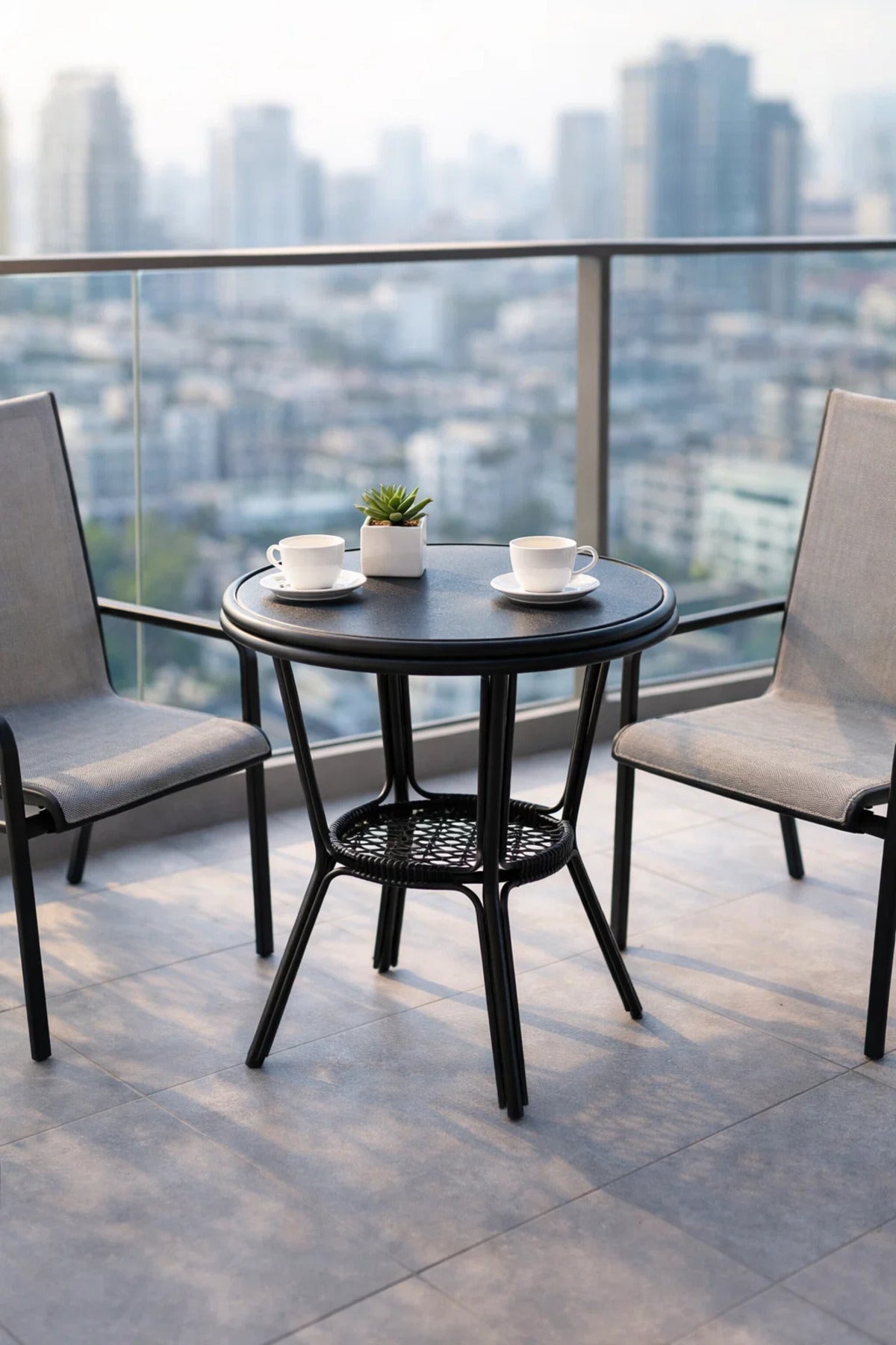 Modern Grey & Black Caf≈Ω Table with Glass Top √ê Compact Round Coffee Table
