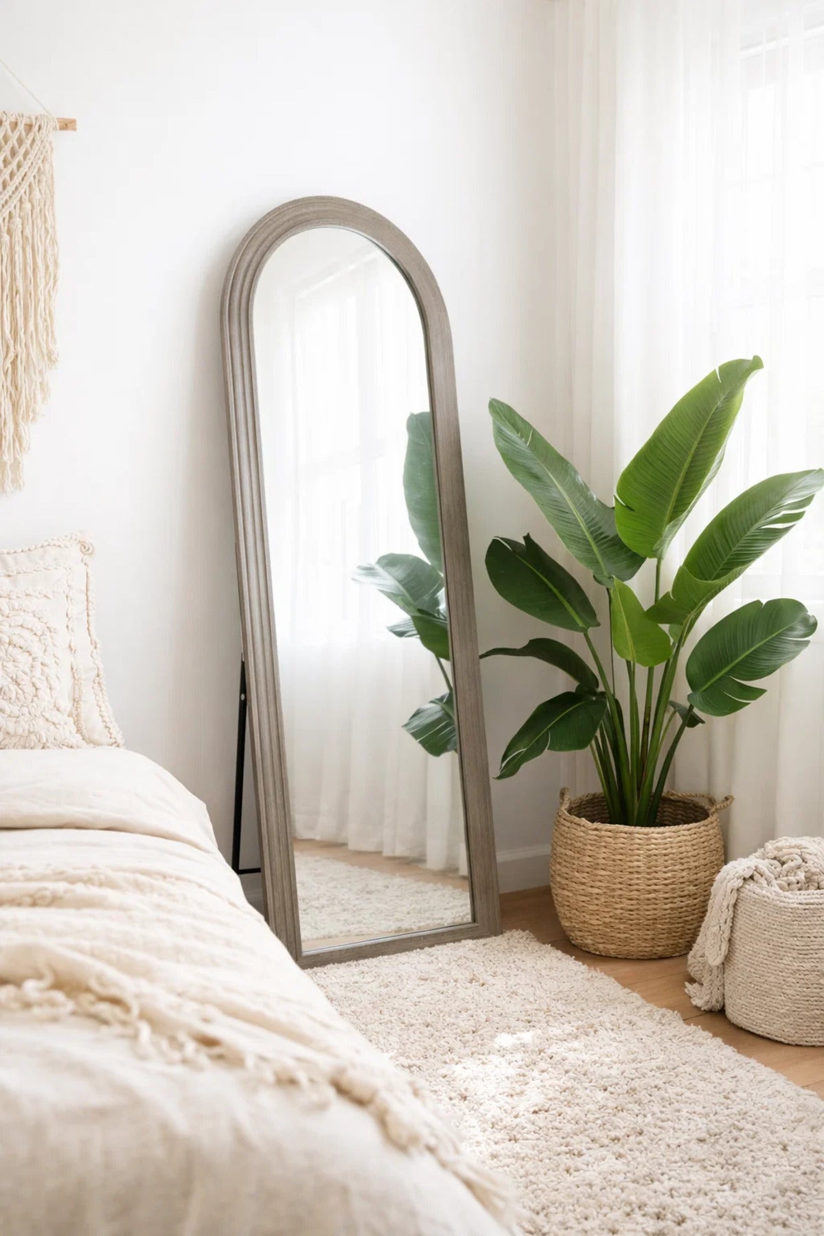 Modern Arched Full Length Standing Mirror 180x70cm Grey Wood Frame for Bedroom and Dressing Room