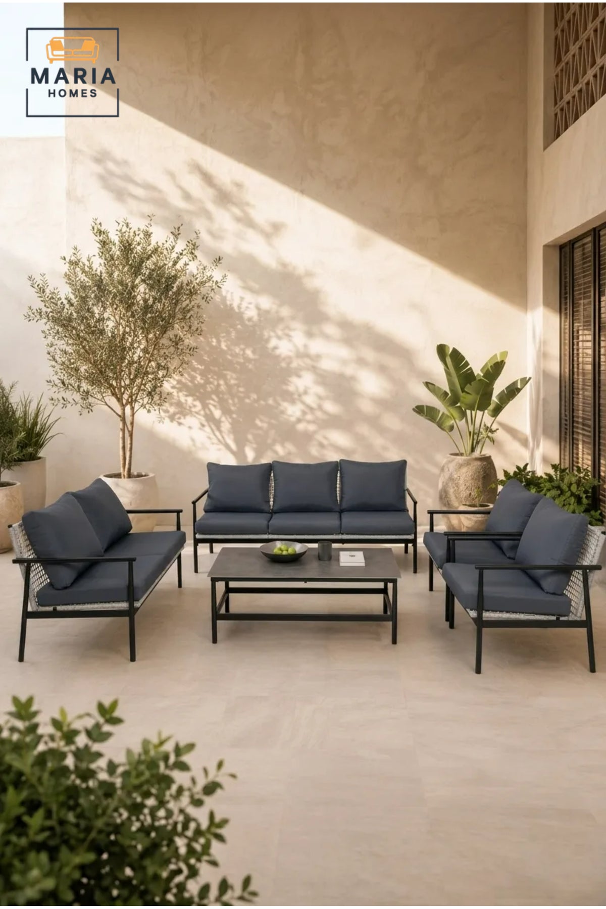 5-Piece Outdoor Patio Conversation Set with Dark Blue Cushions & Metal Frame Ð Modern Garden Lounge Furniture