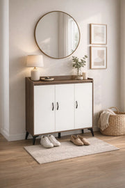 Modern Brown and White Shoe Cabinet Three Door Storage Organizer for Entryway Hallway 100x35x95cm