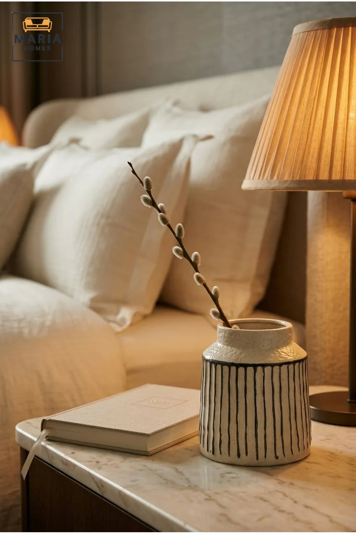 Cream and Black Striped Decorative Vase, Modern Ceramic Flower Holder with Wide Opening for Living Room, Bedroom, Office, Shelf and Table Décor