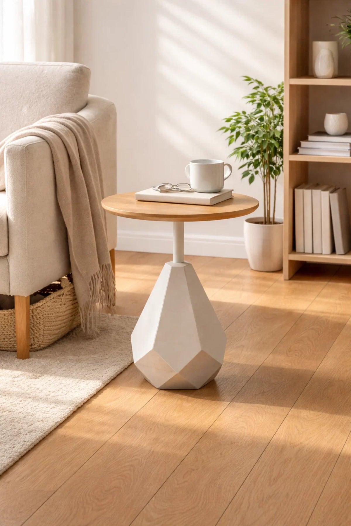 Modern Round Side Table Beige Geometric Base Wood Top 60cm Tall for Stylish Living Rooms