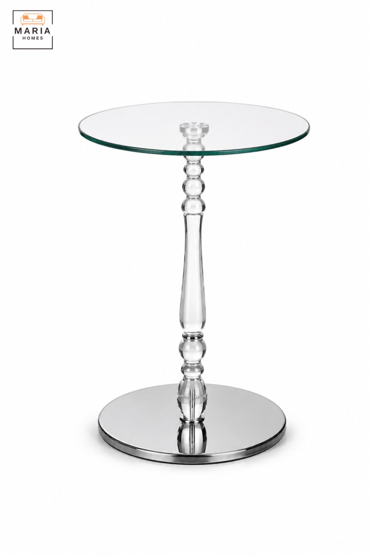 Modern Round Glass Side Table with Clear Glass Top, Polished Silver Pedestal & Mirrored Base, Luxury Accent End Table for Living Room Bedroom Sofa Lounge