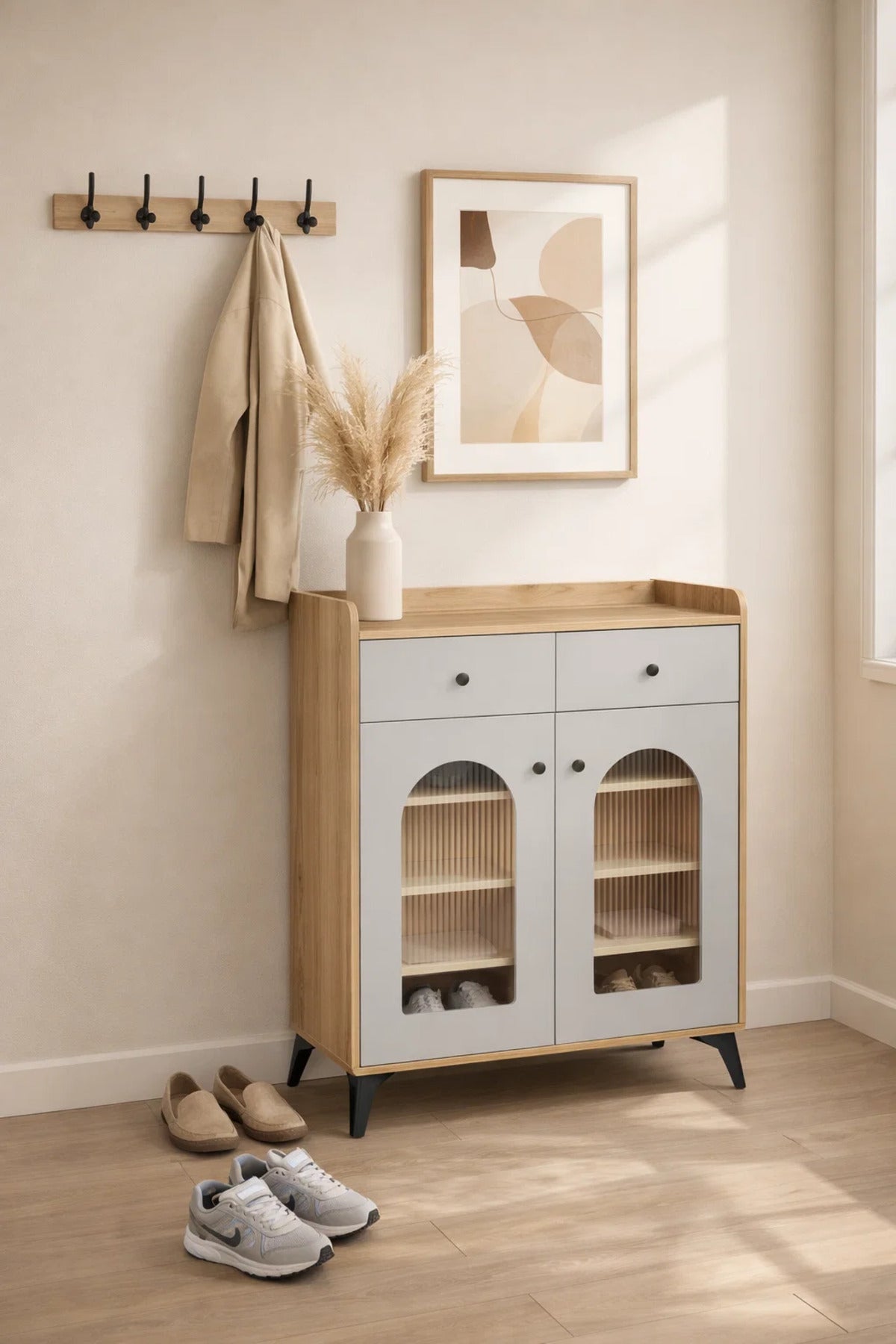 Premium 80cm Shoe Cabinet Sideboard with Drawers and Arched Glass Doors for Hallway Living Room