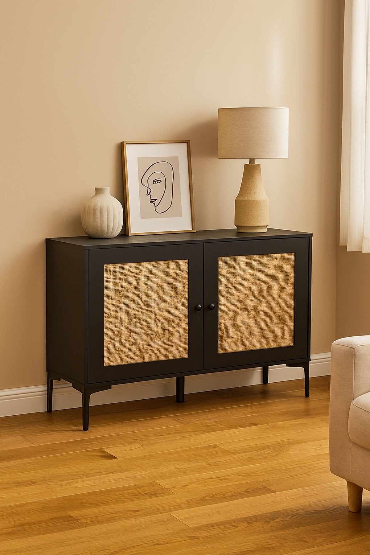 Black Rattan Console Table 120_40_85 cm Ð Modern Wooden Storage Cabinet with Cane Doors