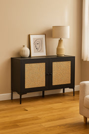 Black Rattan Console Table 120_40_85 cm Ð Modern Wooden Storage Cabinet with Cane Doors