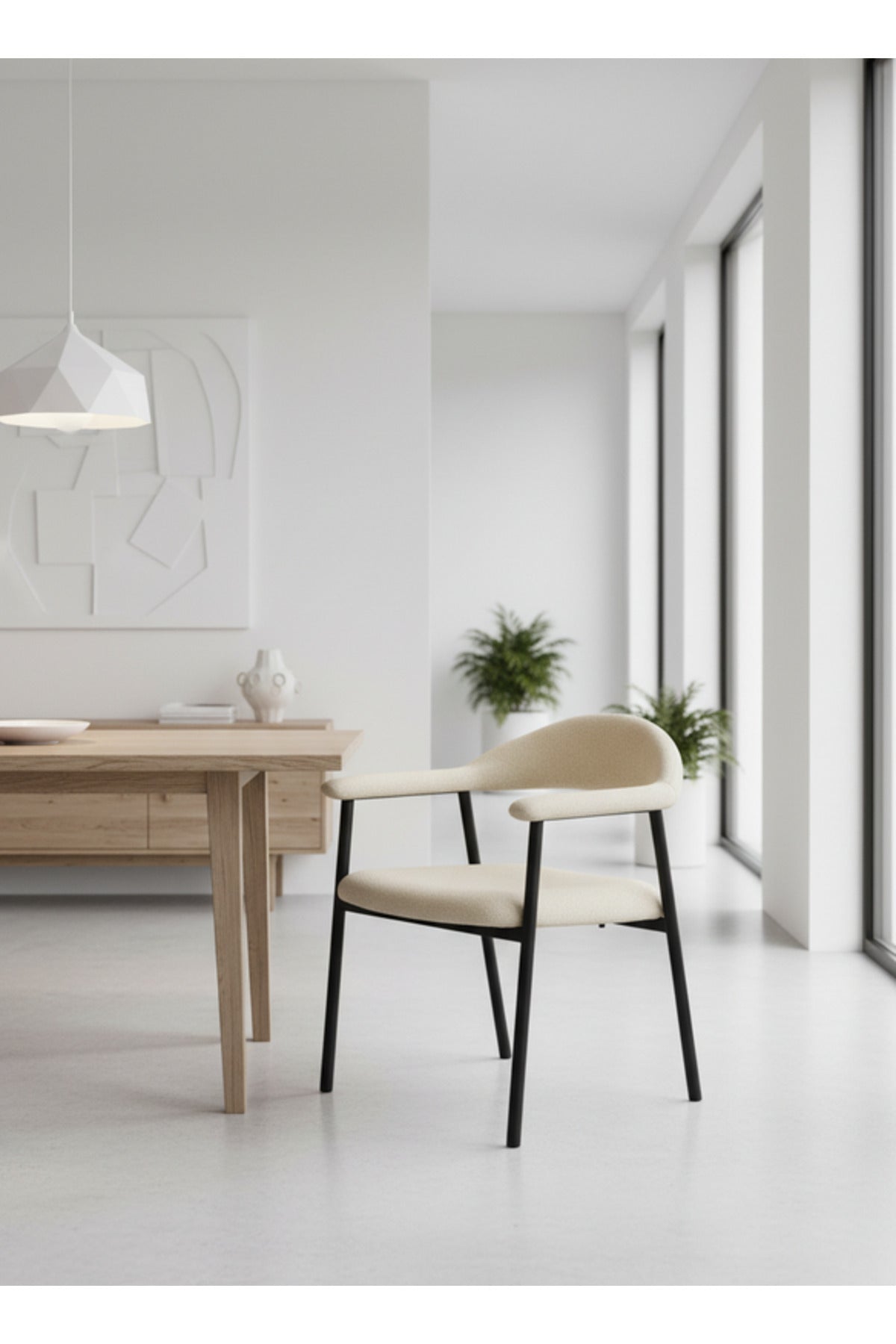 Modern Camel Upholstered Dining Chair with Curved Back & Black Metal Legs