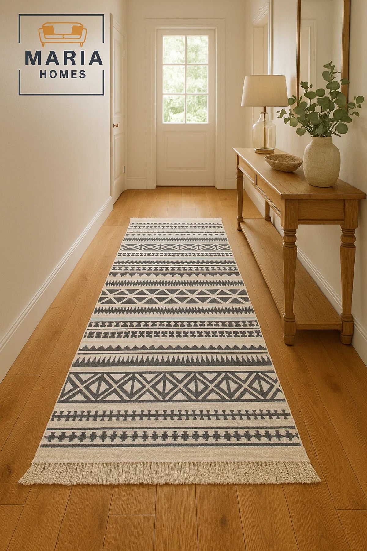 Boho Tribal Cotton Runner Rug with Fringes Ð Black & Cream, size 90*200 cm