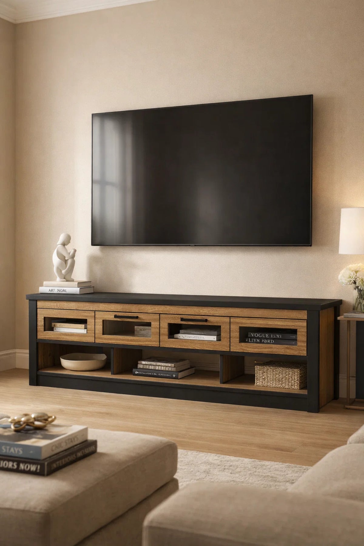 Walnut Oak TV Stand √ê 180x40x50 cm Modern Wooden Plasma Table with Drawers & Shelves