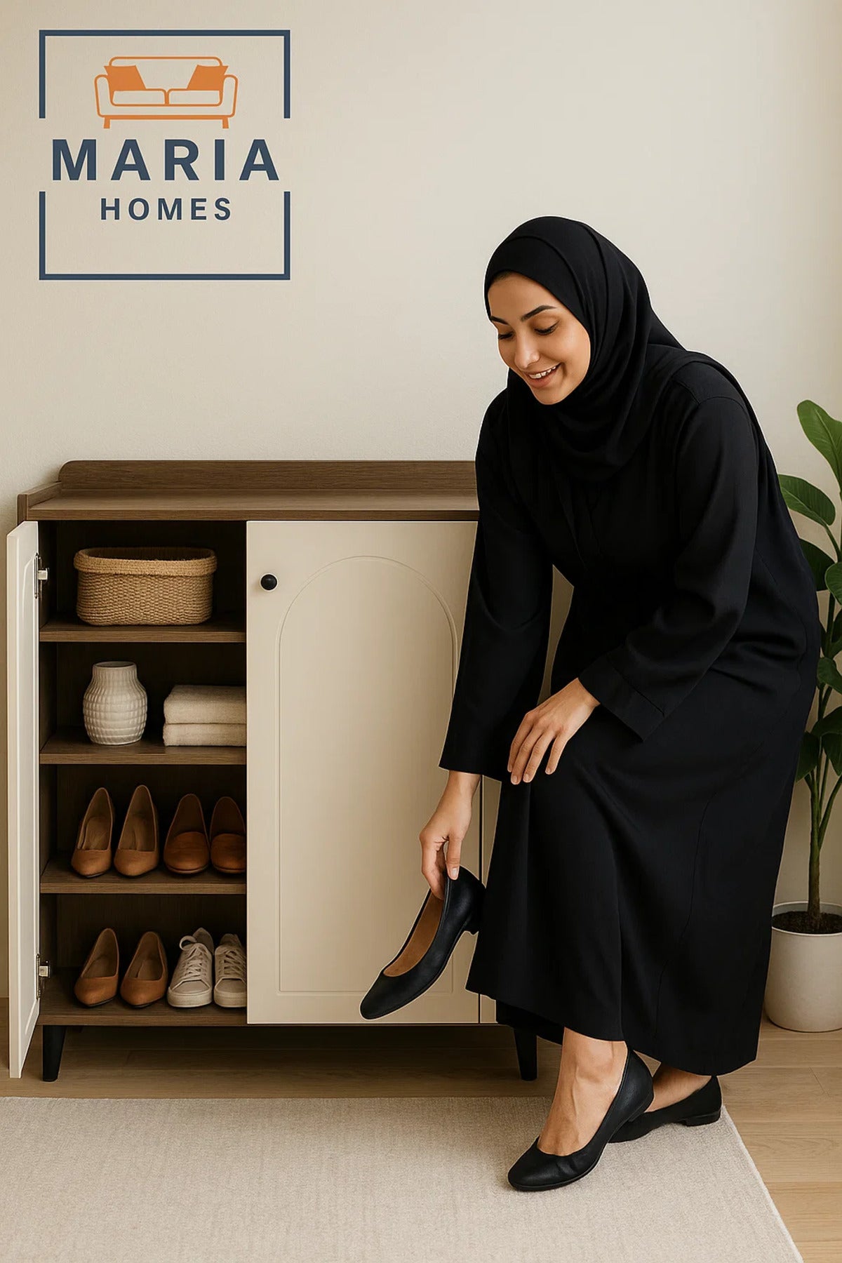 Modern Cream Shoe Rack Cabinet with Arched Doors Ð 2-Door Shoe Storage Unit for Entryway & Hallway
