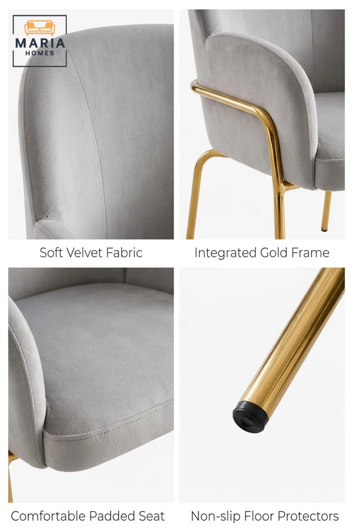 Light Grey Velvet Accent Chair with Gold Metal Legs √ê Modern Upholstered Armchair for Dining Room, Living Room, Bedroom & Lounge