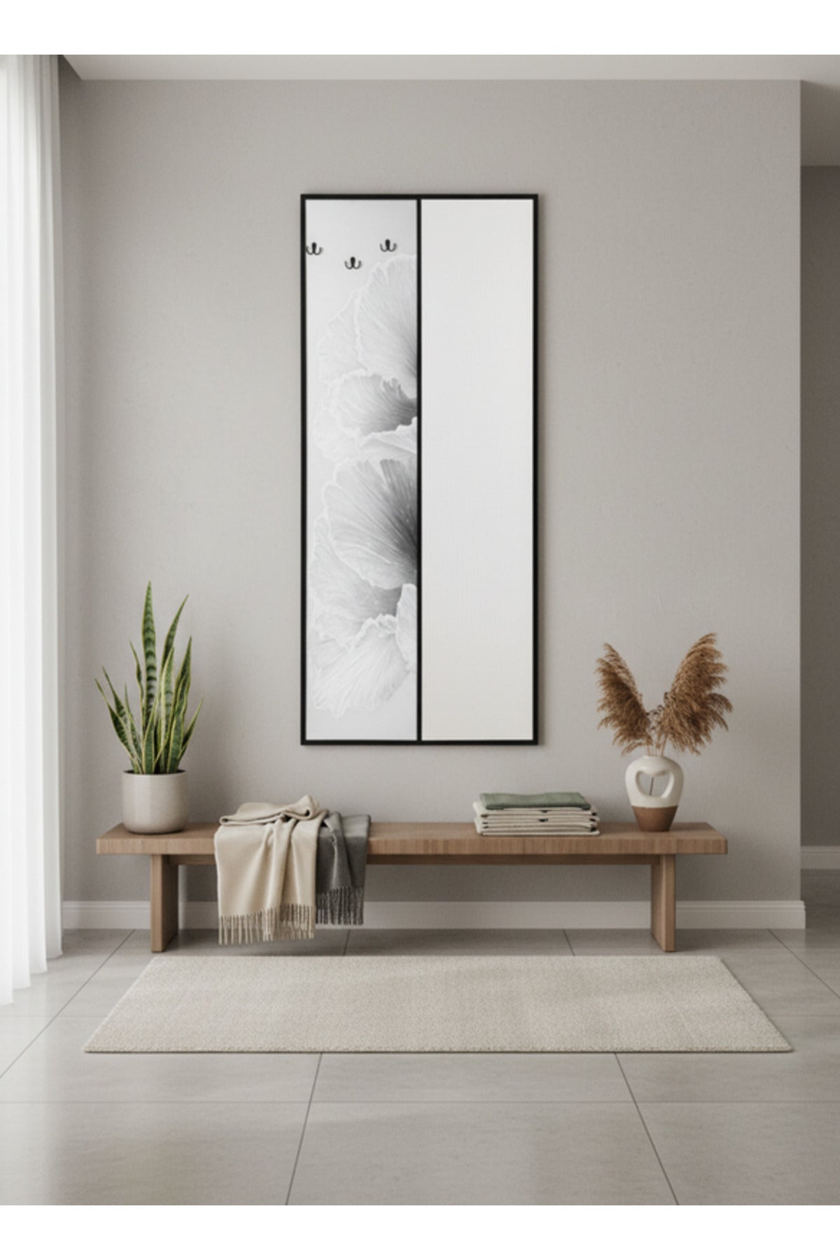 Wall Art Panel with Mirror and Hooks Floral Design for Entryway 180x80cm wall art panel