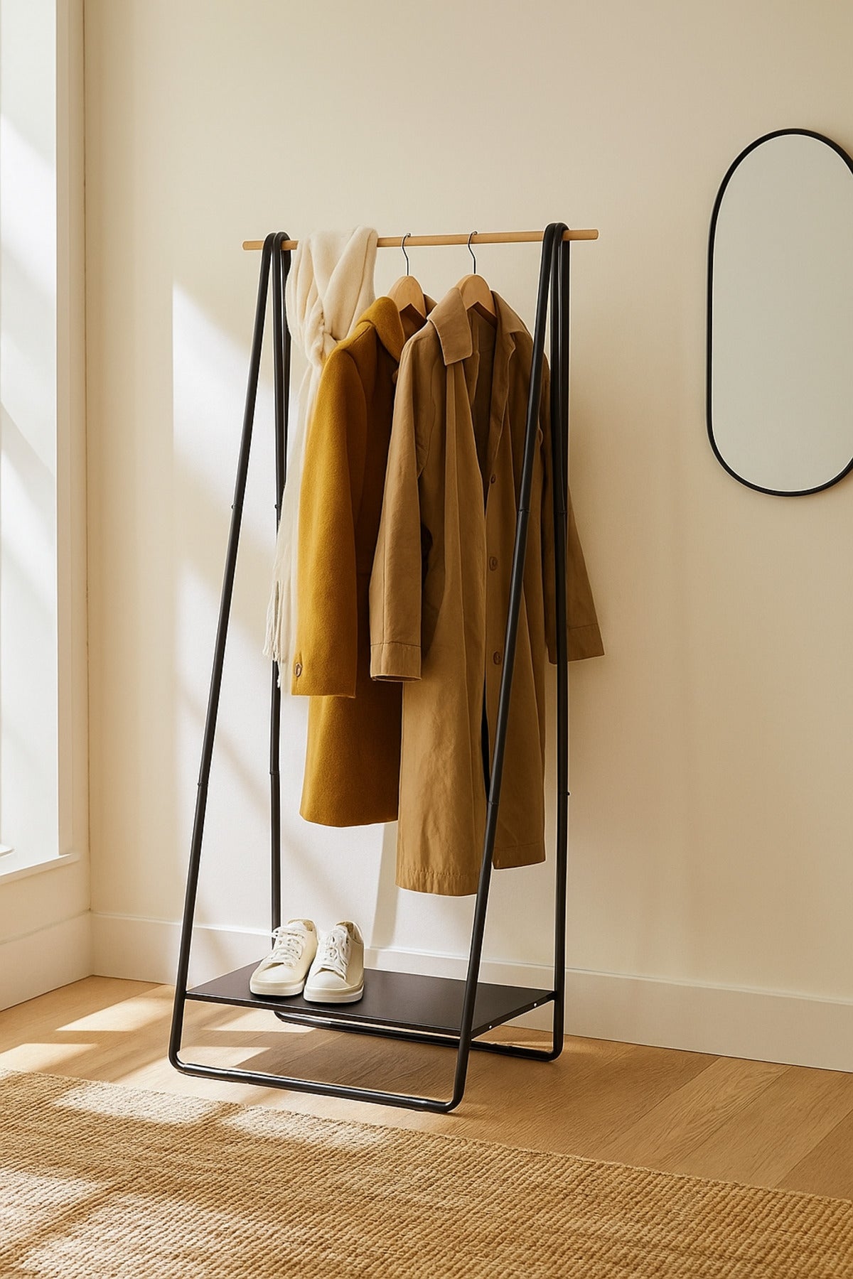 Minimalist Metal Clothes Rack with Wooden Hanging Rod and Storage Shelf Ð Black