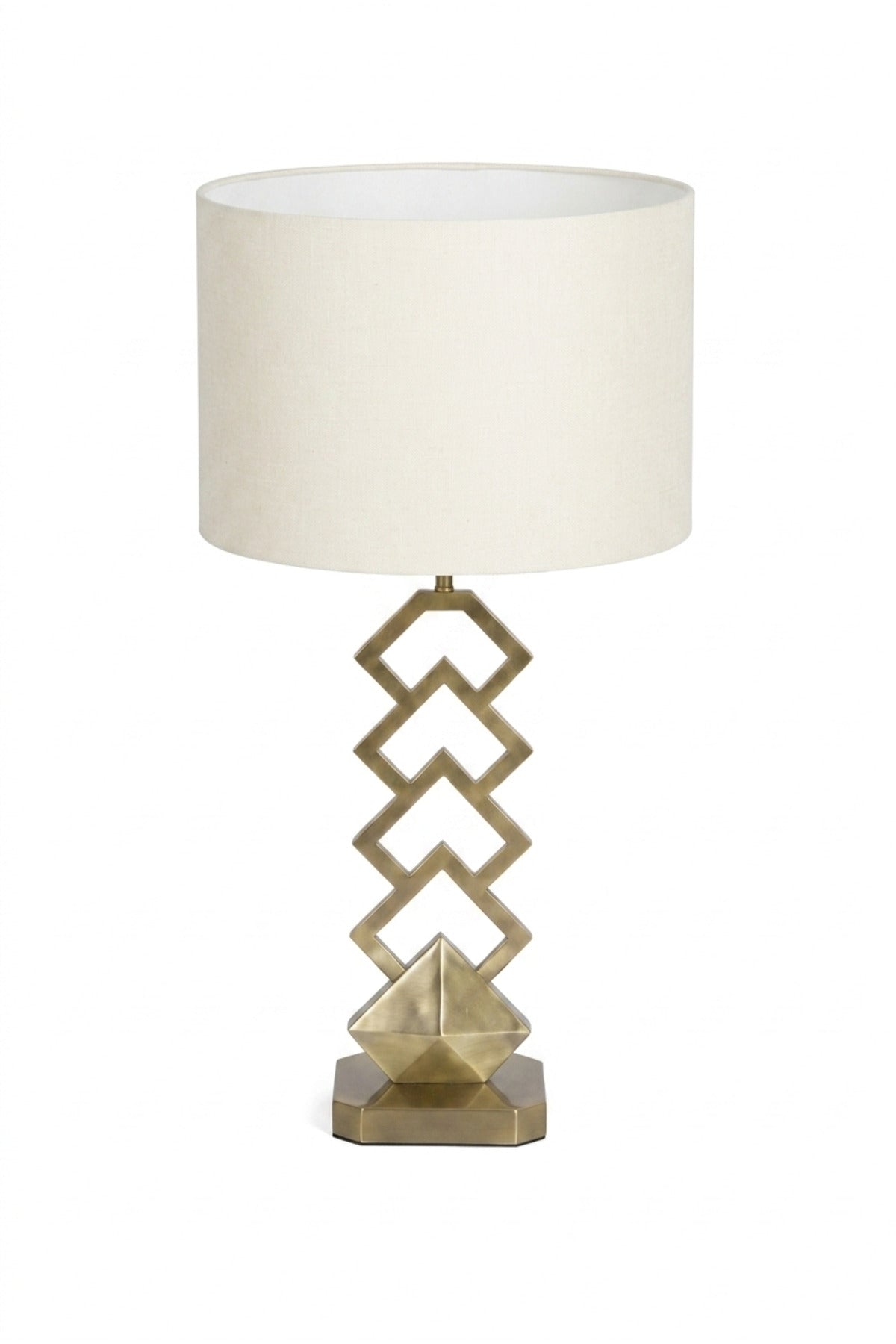 Modern Geometric Gold Table Lamp with White Drum Fabric Shade and Open Sculptural Base for Bedroom, Living Room, Office, Hotel and Bedside Décor