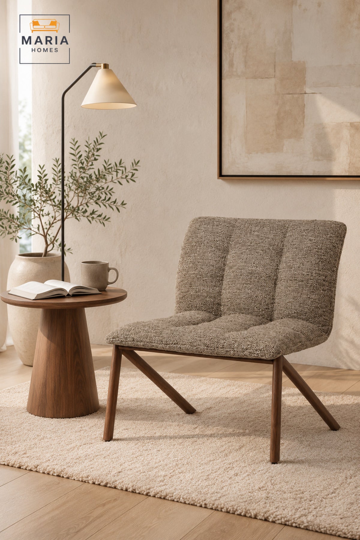 Modern Accent Lounge Chair with Wood Print Legs Upholstered Fabric Occasional Chair for Living Room, Bedroom & Reception Area Coffee Beige