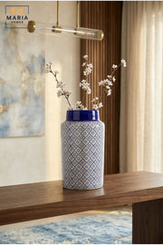 Blue and White Patterned Decorative Vase, Modern Cylindrical Ceramic Flower Holder for Living Room, Bedroom, Office, Shelf and Table Décor