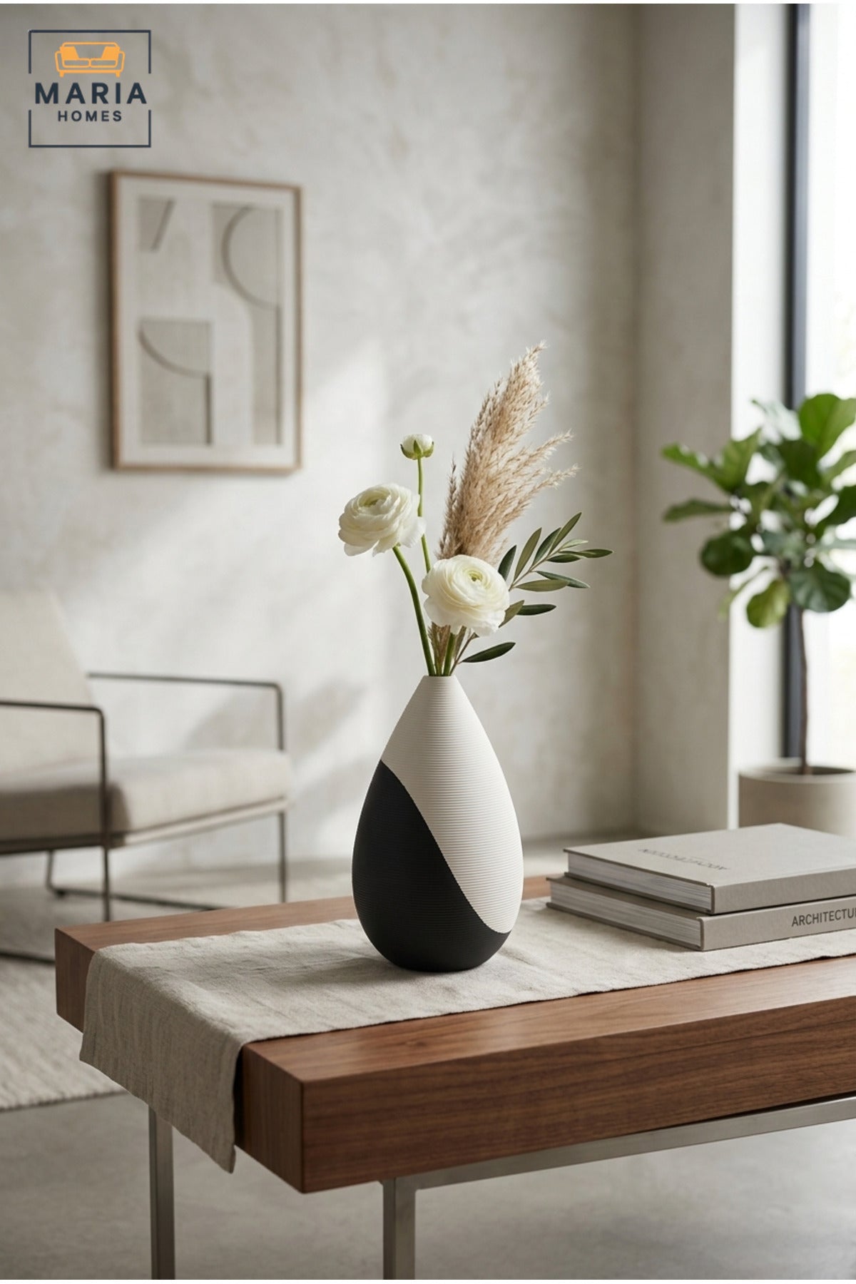 Modern Decorative Flower Vase with Two-Tone Abstract Design, Teardrop Shape and Ribbed Texture for Living Room, Bedroom, Office, Shelf and Console Décor