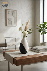 Modern Decorative Flower Vase with Two-Tone Abstract Design, Teardrop Shape and Ribbed Texture for Living Room, Bedroom, Office, Shelf and Console Décor