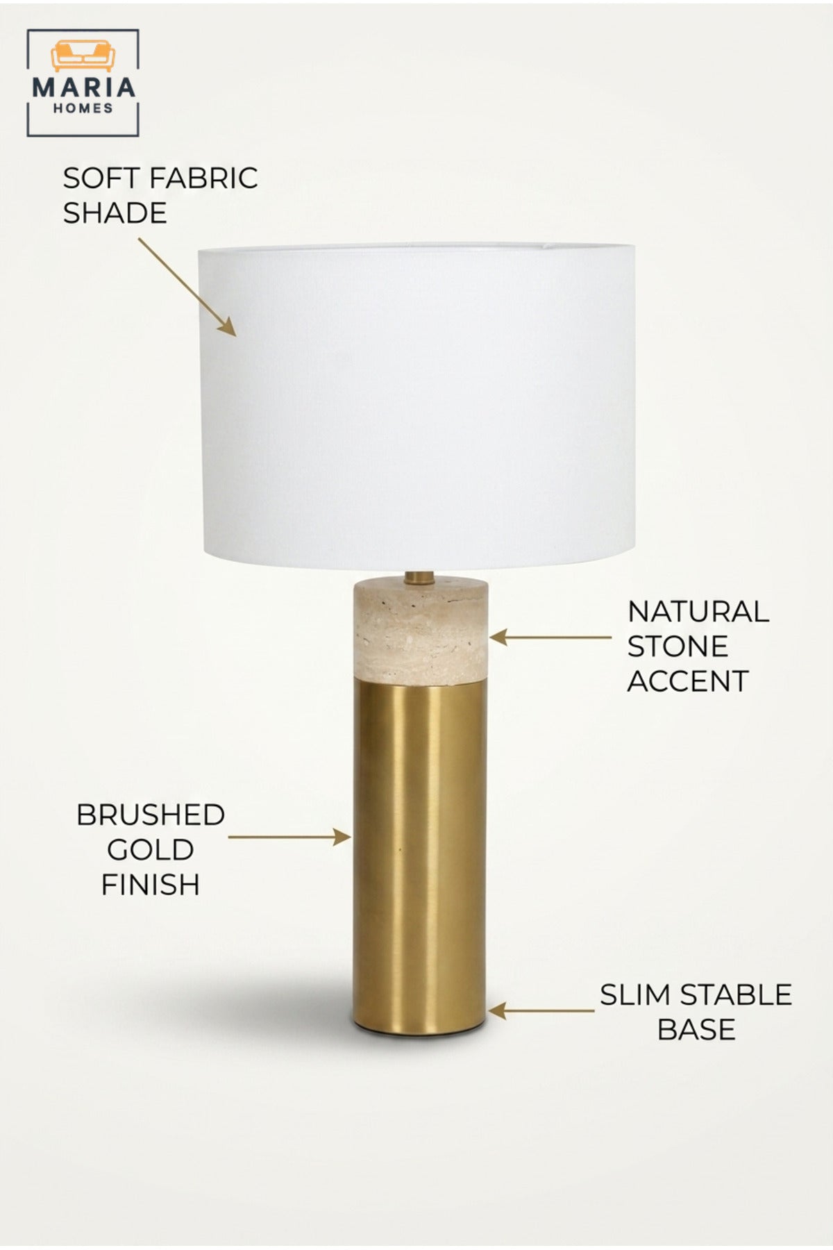 Modern Gold and Marble Table Lamp with White Drum Fabric Shade and Slim Cylindrical Base for Bedroom, Living Room, Office, Hotel and Bedside Décor