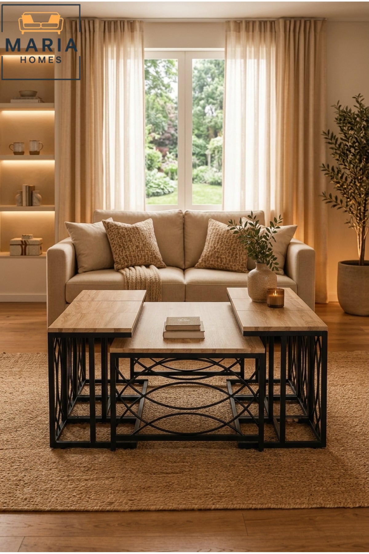Modern Center Table set – Wooden Top with Metal Base, Living Room Coffee Table