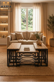 Modern Center Table set – Wooden Top with Metal Base, Living Room Coffee Table